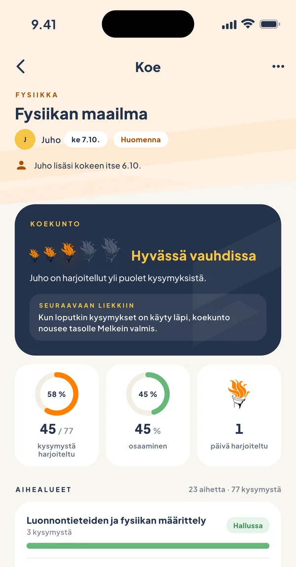 Kokeen näkymä huoltajalle: koekunto, harjoitellut kysymykset ja aihealueet edistymisineen.